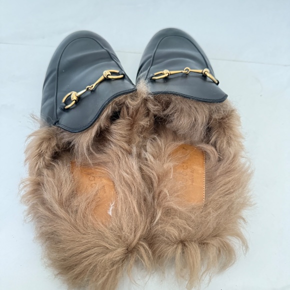 Gucci Princetown Black Leather Fur Lined Slides Shoes Mules - Picture 4 of 6